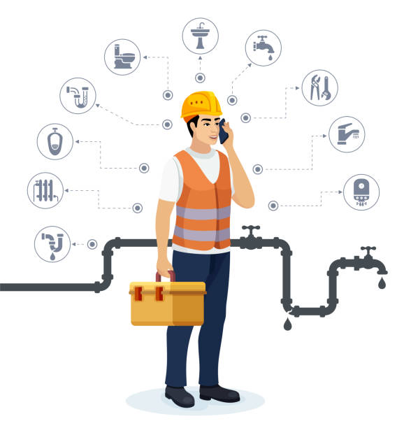 Plumber with toolbox and talking on mobile. Plumbing Design Concept.